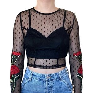 Windsor Polkadot Mesh Floral Embroidery Long Sleeves Cropped Top Women's Size XS
